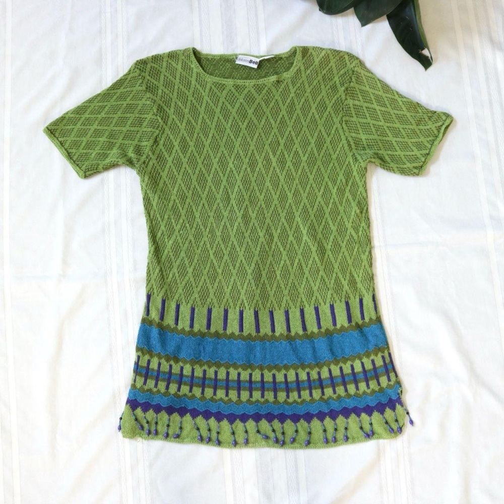 Delores Bell green knit dress with front beaded tassel